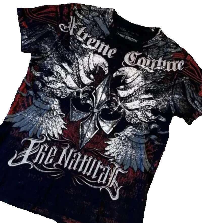 Xtreme Couture Sacred Wings Men's Retro Garbage Style Pattern Gothic Street Fashion T-shirt Short Sleeve