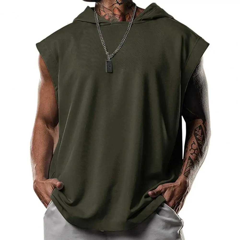 Large size mens tank top hooded solid color summer sleeveless sports vest fitness party sweater 250409