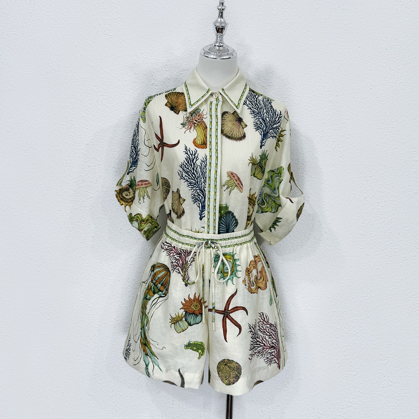 Australian designer two-piece set Linen ocean print loose short shirt+shorts