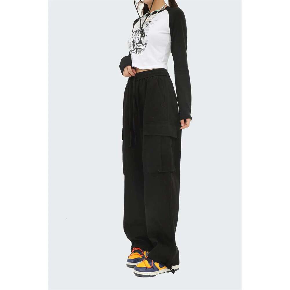 Solid Color Casual Cargo Mens Multi-Pocket Safari Style Loose Straight-Leg Drawstring Elastic Waist Wide Leg Pants