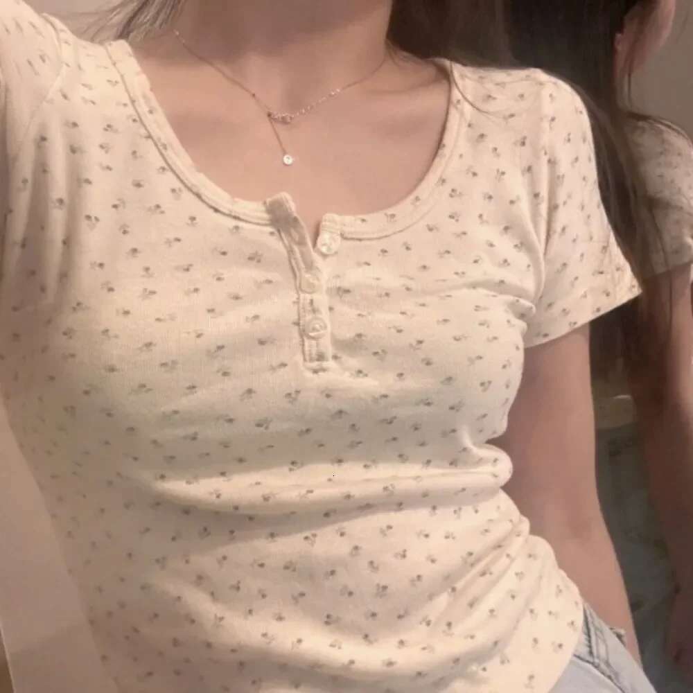 Y2k Short sleeve Sexy U Collar Small Print Lace Summer Women Clothing ral Slim Shirt Button T-shirt Top