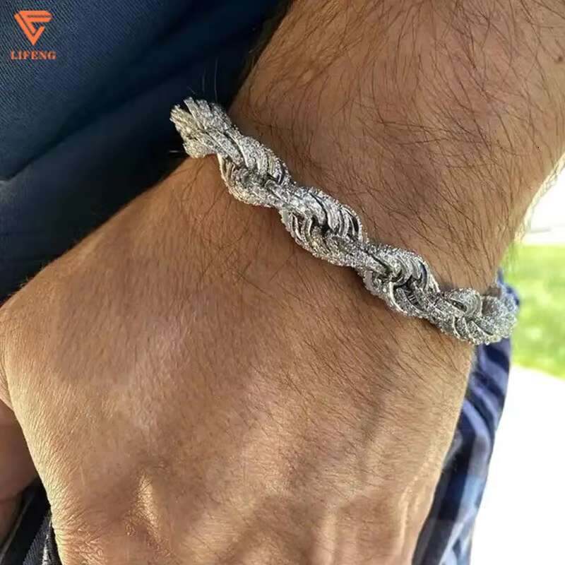 Fashion Jewelry White Gold 925 Sterling Silver Bracelet Iced Out 8 mm VVS Moissanite Hip Hop Rope Chain Charm Bracelet for Men
