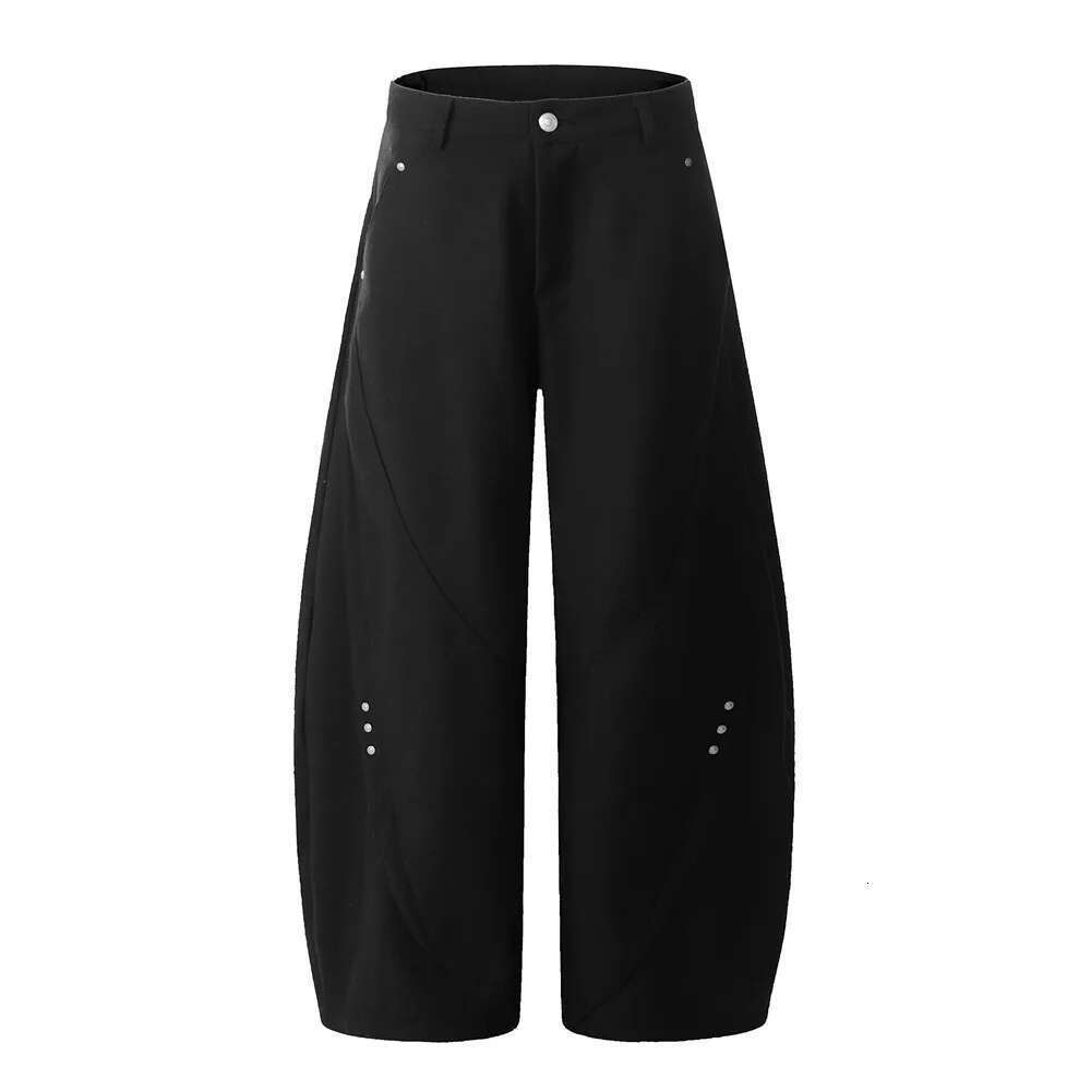 Spliced Solid Color Casual Pants Mens With Rivets Retro High Street Pocket Loose Wide Leg Trousers Men