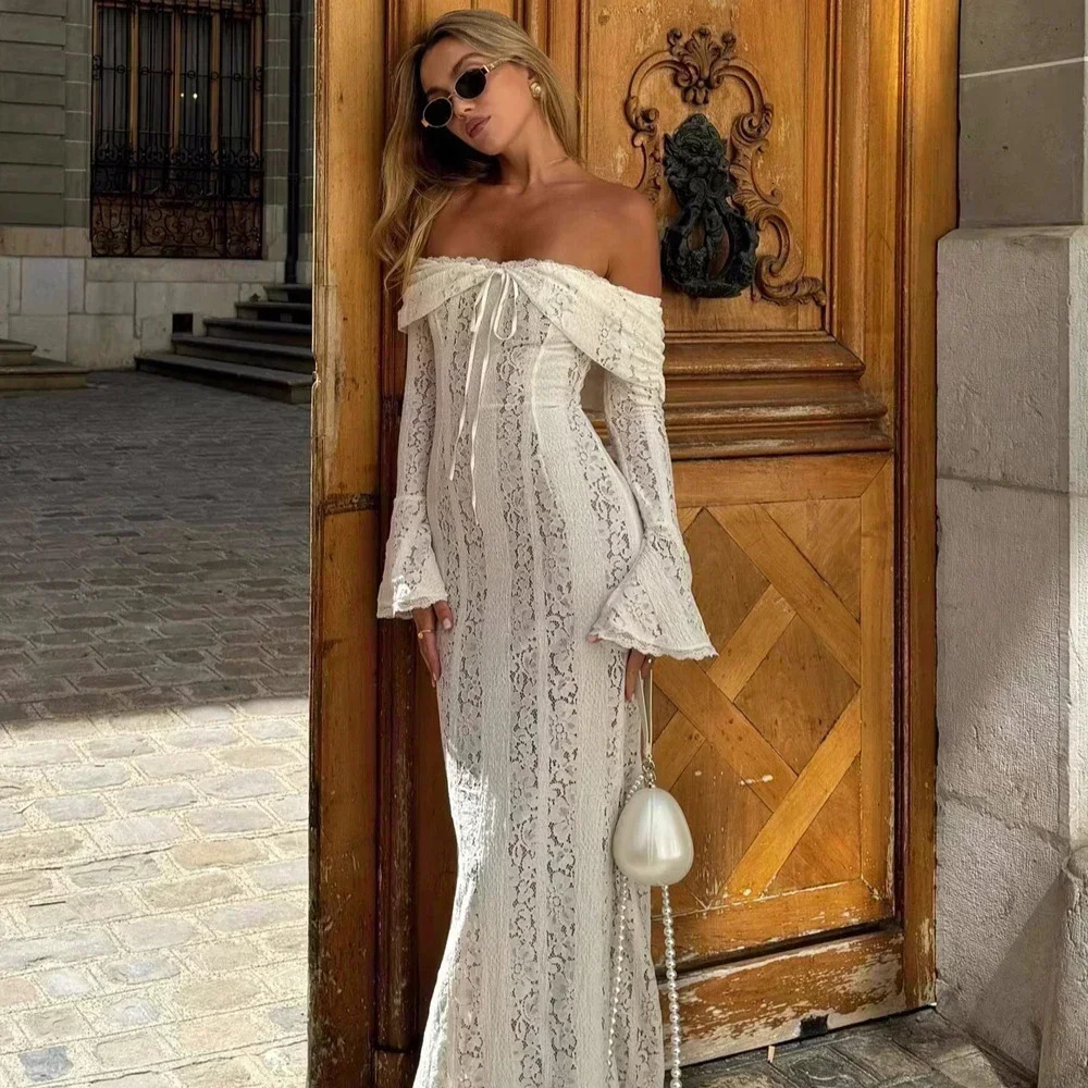 Suninhaart White Shoulder Bodycon Dress Flare Sleeves Elegant Lace Maxi Female Guest 250409