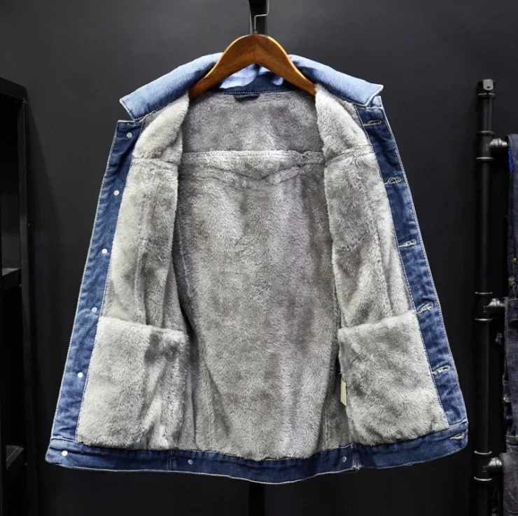 Mens denim jacket single chest cardigan lapel loose solid pockets casual thick patchwork buttons 250409