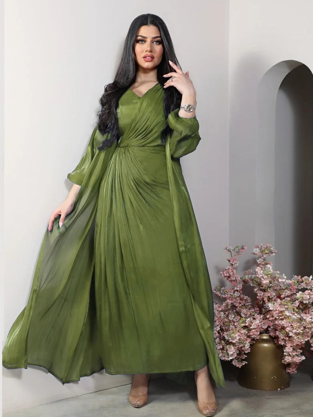 Moroccan Party Dress Womens Abaya 2piece Set Silk Satin Dubai Muslim Eid al Fitr Evening Long Vestdos Abayas 250409