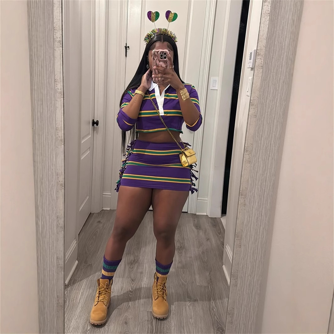 2025S Designer Women S Set New Fashionable Street Casual Lapel Striped Contrasting Color Exposed Navel Top Hip Hing Short Skirt Set