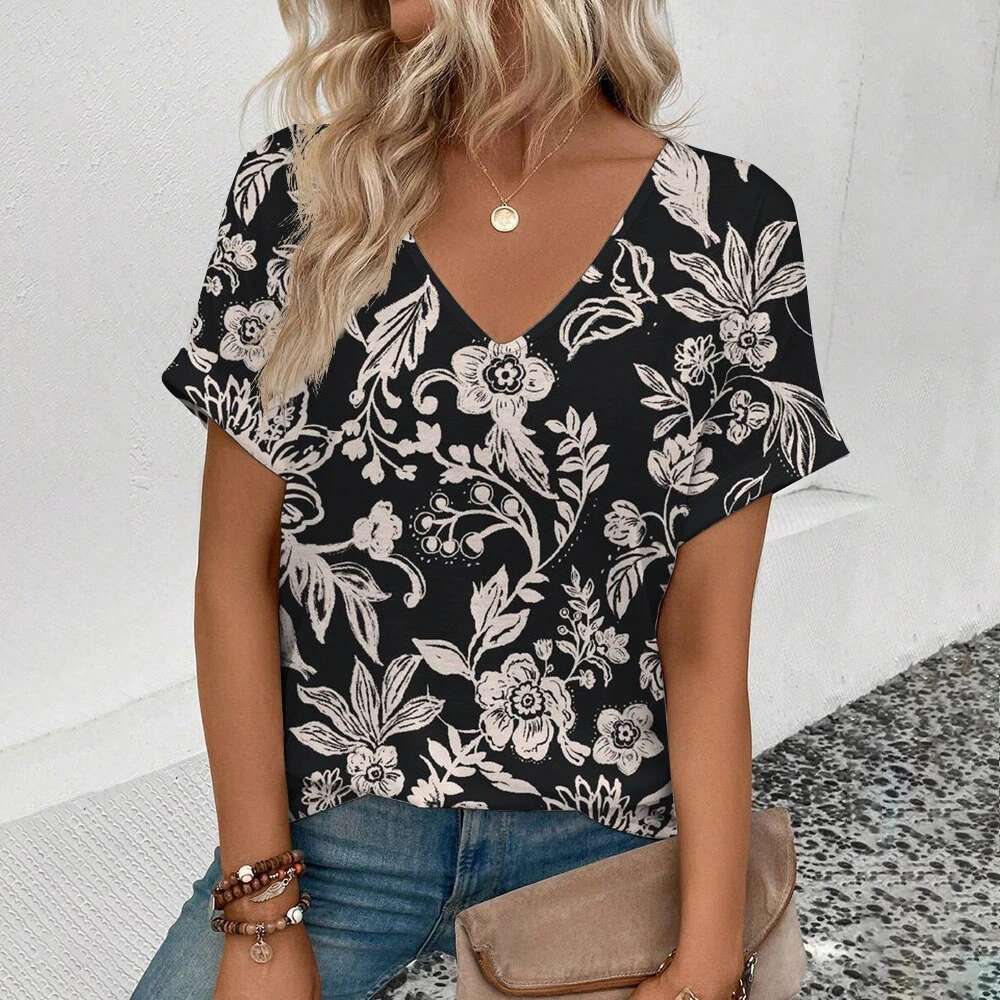 Elegant V-Neck Fashion ral Pattern Print Popular Women's Short Sleeve Summer Leisure T-Shirt