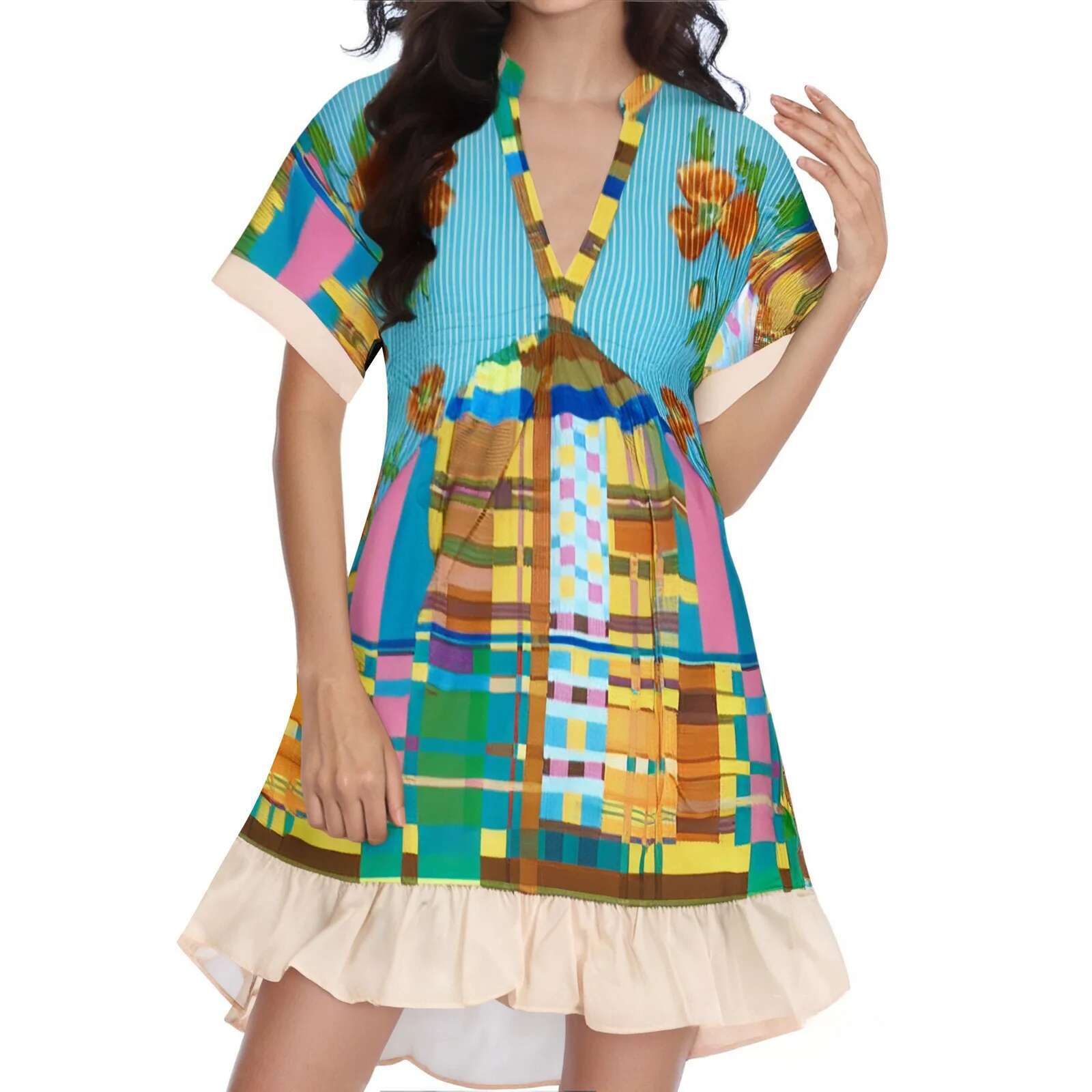 Dongdumaoyi Women S Summer Printed Mini Babydoll Dress Bohemian Floral Print Short Sleeve V Neck Flowy Relaxed Party