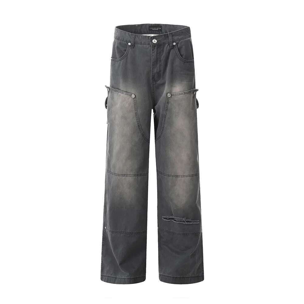 Removable Double Knee Denim Carpenter Pant Mens Retro High Street Straight Wide Leg Washed Distressed Jeans Men