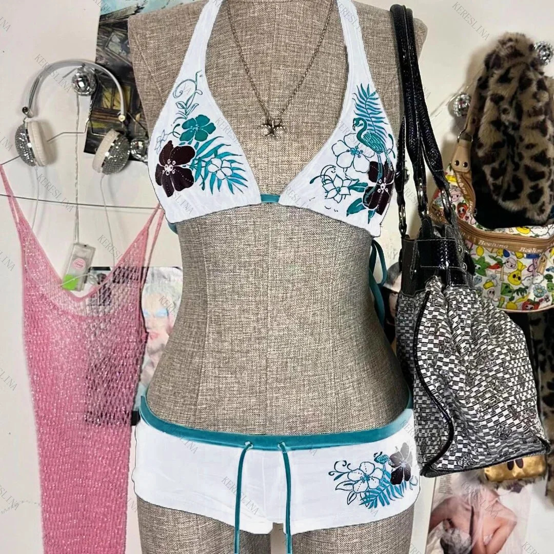 Vintage Flower print Cutie 2 set Bikini 2000s Swimsuit Sexy Women Bathing Fashion Halter Strap Swimwear High Street Beach Female 250408