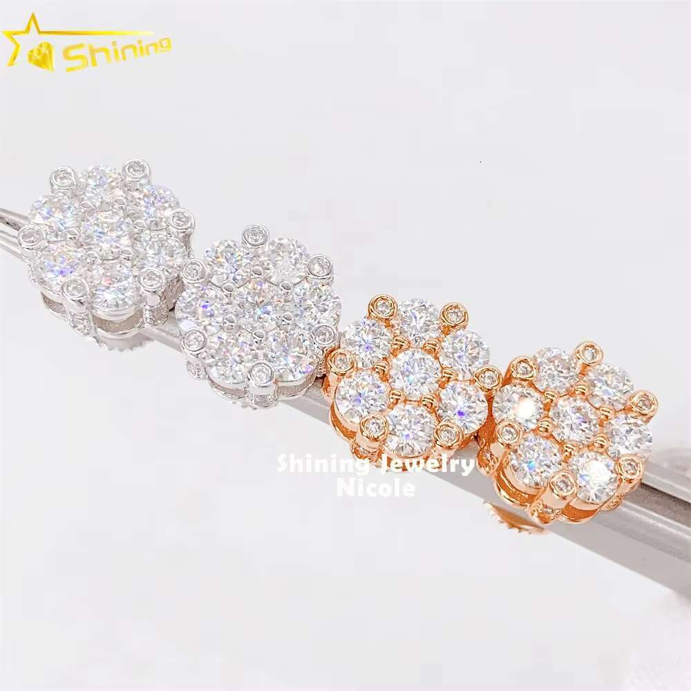 Hip Hop Iced Out Jewelry Luxury Moissanite Stud Men 925 Silver Flower Diamond Earrings
