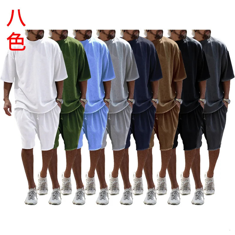 Crossing the border between Europe and United States with casual mens clothing in solid color loose short sleeved simple street trend style set 250409