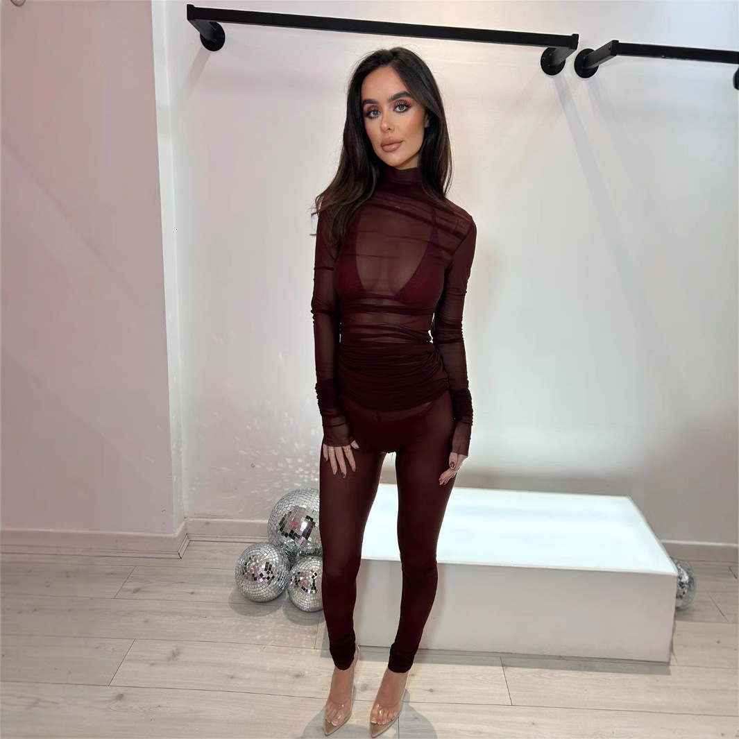 2025S Designer Women S Set New Solid Color Fashionable Mesh See Through Slim Fit Sexy Waist Cinching Sleeved High Neck Long Pants Set