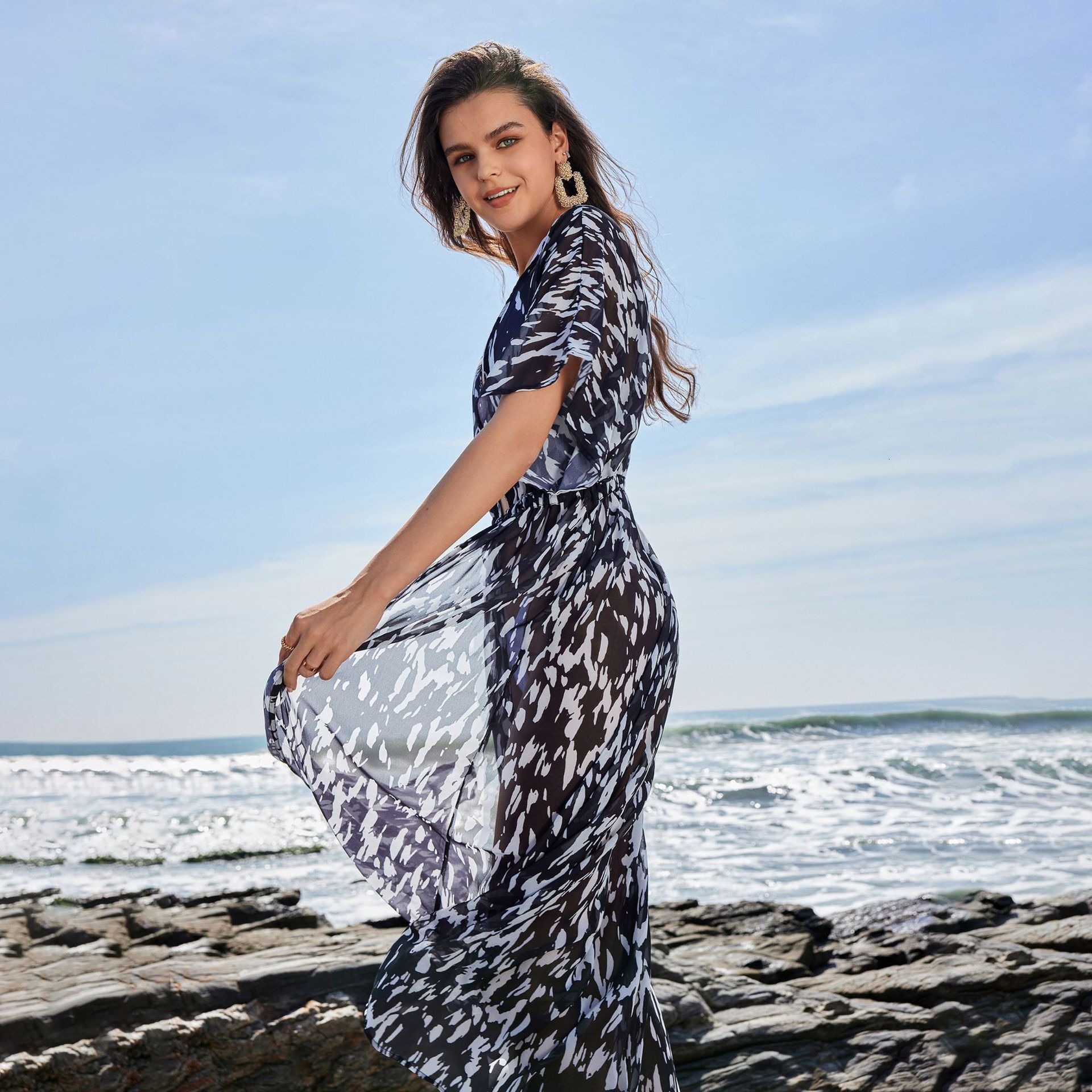 Quality 2025 Spring Monsoon Street Trendy Womens Wear Cotton Hooded V-neck Irregular Skirt Dress