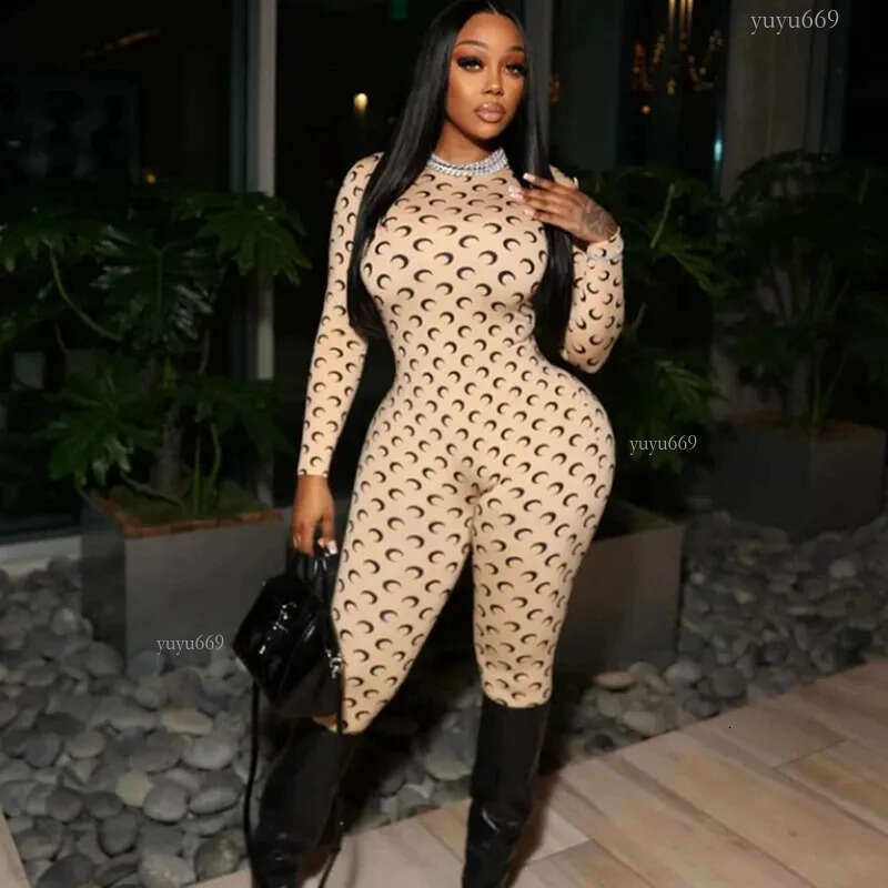 STYLISH LADY Moon Printed Sporty Rompers and Jumpsuits Spring Women Long Sleeve O Neck Bodycon Sexy Club Street Overalls 250411