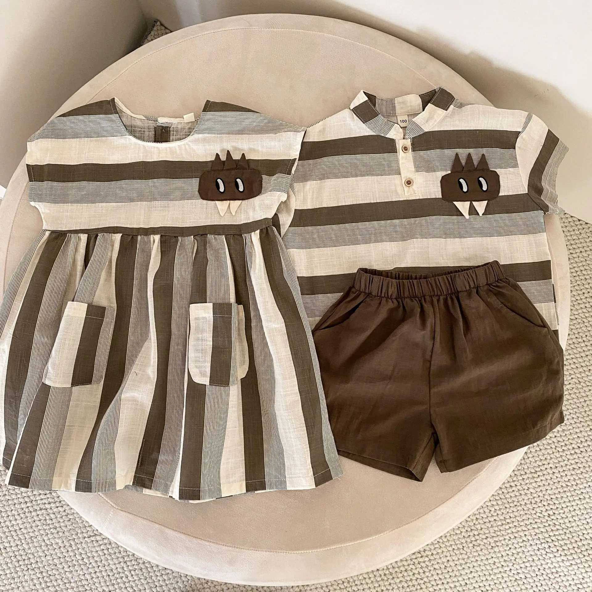5878 Brother sisters Costume 2025 Summer New Boys Stripe Set Top+Shorts or sisters Dress 80-150 cm S2548