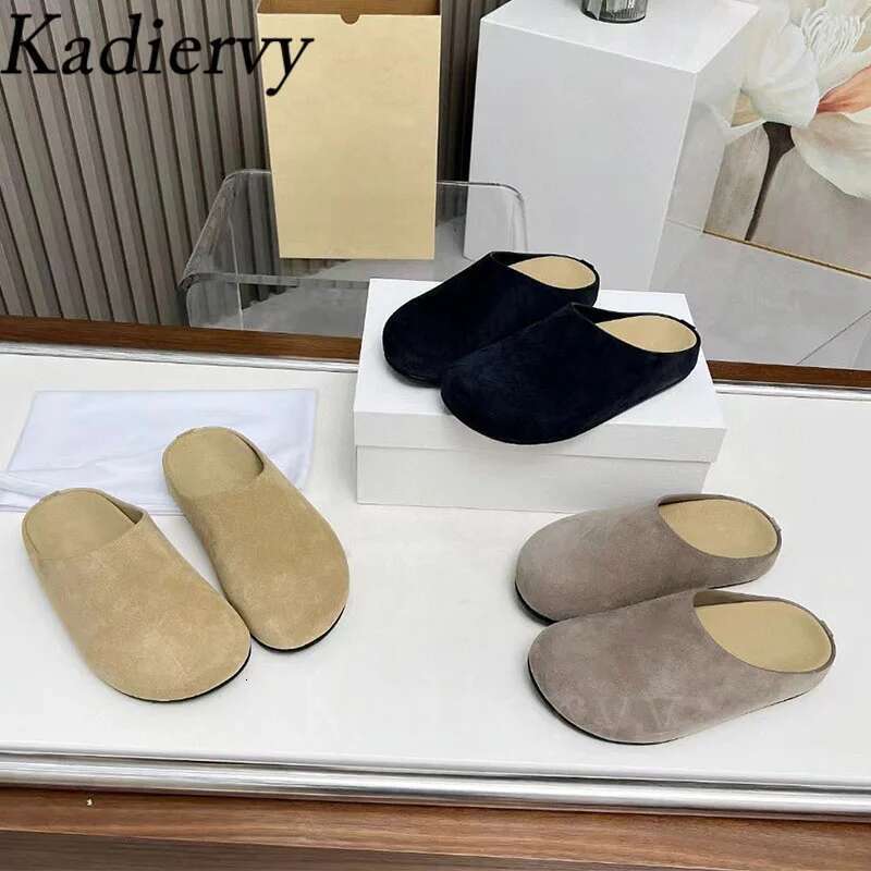 New Cow Suede Round Toe Flat Slides Outdoors Casual Mules Shoes Women Comfort Thick Sole Half Slippers Woman