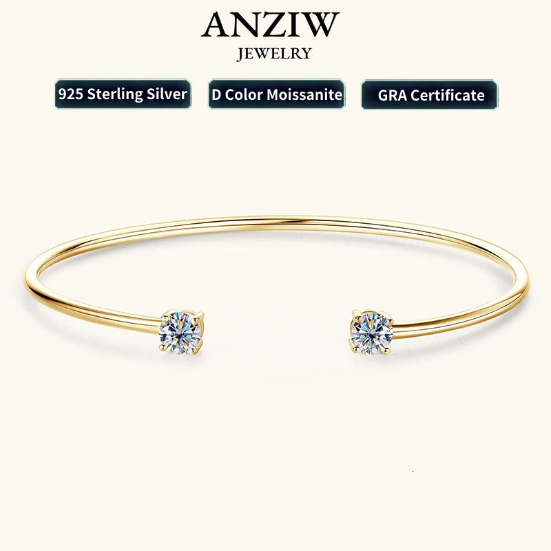 Anziw 5mm 0.5CT D VVS1 Bangle Cuff Real 925 Sterling Silver Bracelet for Women Hand Opening Cuffs Fine Jewelry Gifts 250408