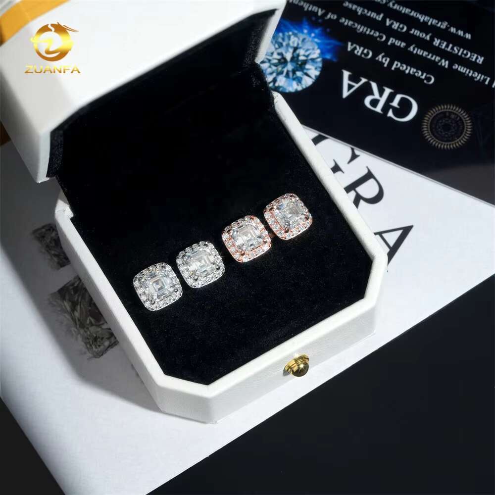 Ready to Ship Hip Hop Earring 925 Silver Asscher Cut 1.5ct Halo Men VVS Moissanite Earrings