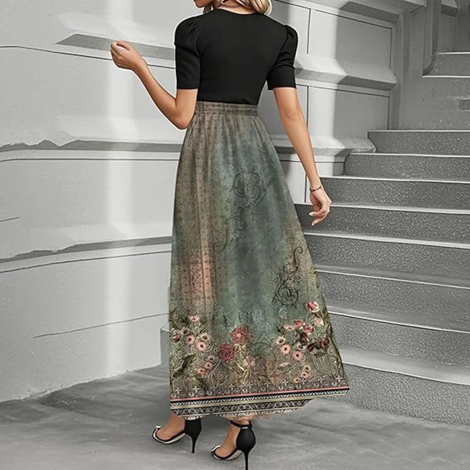 Dongdumaoyi Women S Summer Floral Print Dress Short Sleeve Elegant Round Neck Back Zipper Casual Dresses For