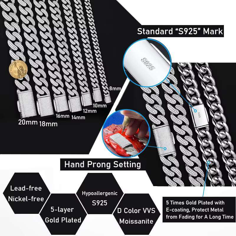 Mens Hip Hop Jewelry Mossanite Necklace 6-20mm 925 Sterling Silver Micro Paved VVS Moissanite Iced Out Miami Cuban Link Chain