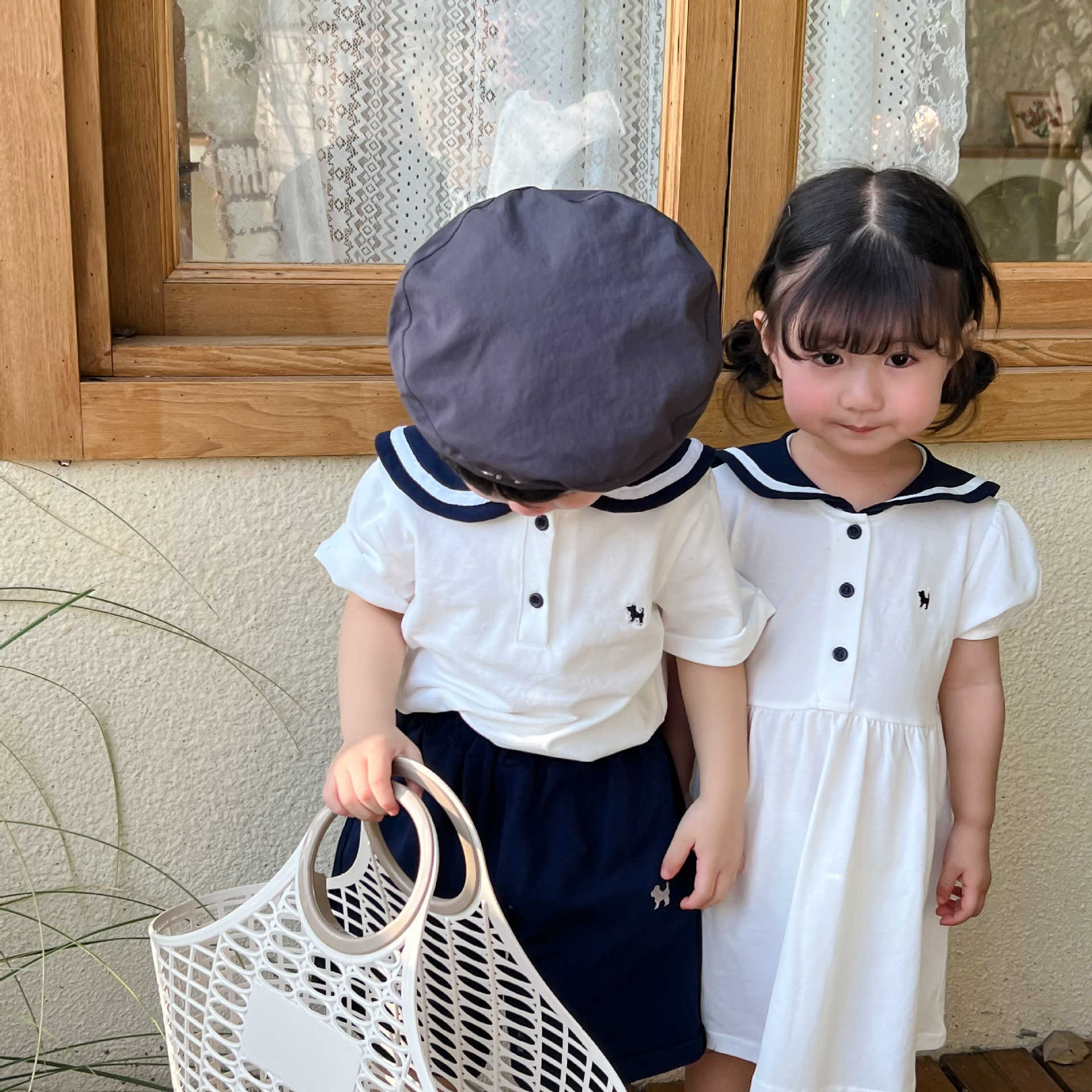 Brother and sister outfit summer new style boys navy collar short sleeved shorts set girls college style dress childrens set S2548