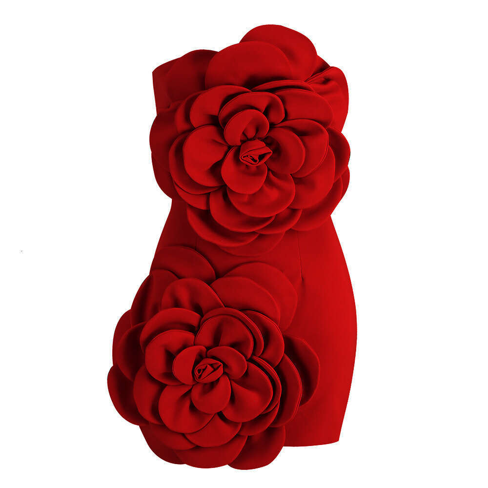Women's Wear Wind Sexy Red Strapless Banquet Dress, Niche Temperament, High-End Decoration, Three-Dimensional Flower Dress