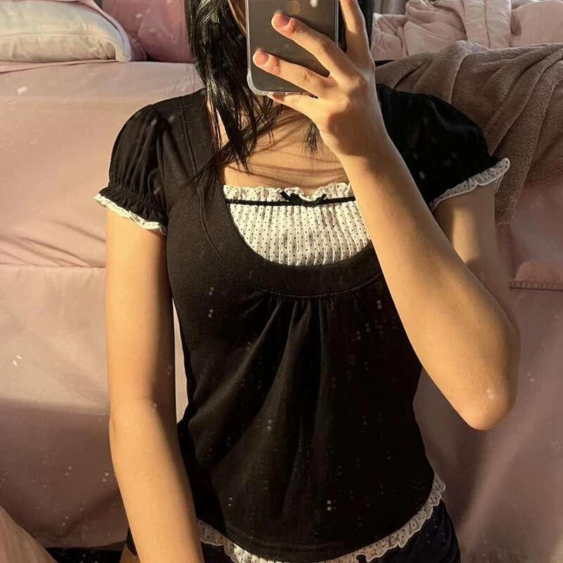 Korean Kawaii Patchwork Women T-shirt Y2K Aesthetic Vintage Milkmaid Fairycore Grunge Square Collar Short Sleeve Crop Top