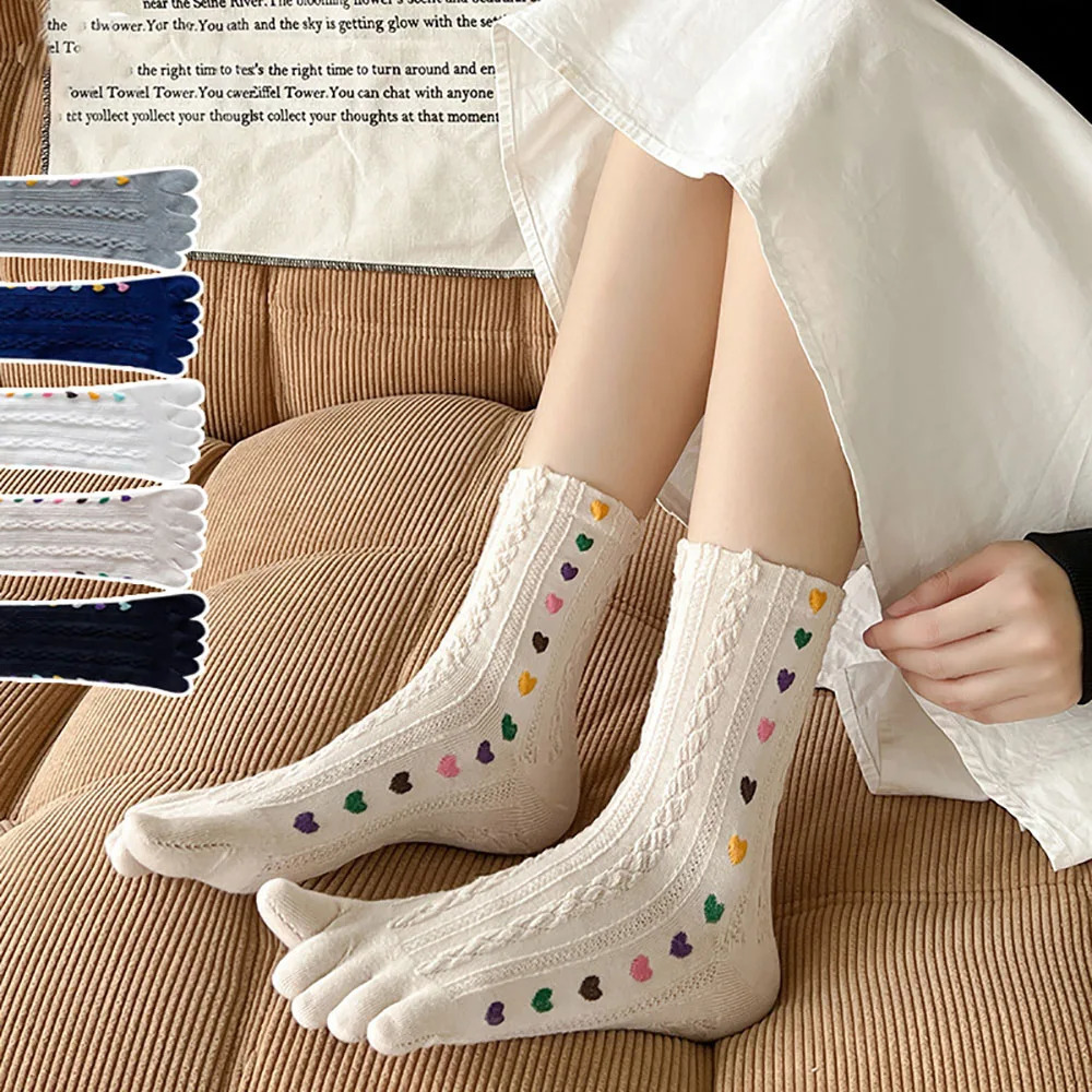 Ins Colorful Heart Braid Five Finger Socks For Women Spring Autumn Middle Tube Cotton Socks Breathable Crew Socks Streetwear 250409