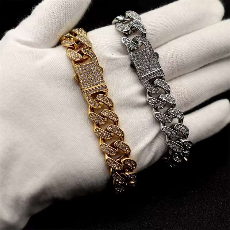 Chunky Gold PVD Men Stainless Steel Thick Iced Out Full Stone Bling Jewelry Schmuck Cuban Link Chain Necklace for Men Armband