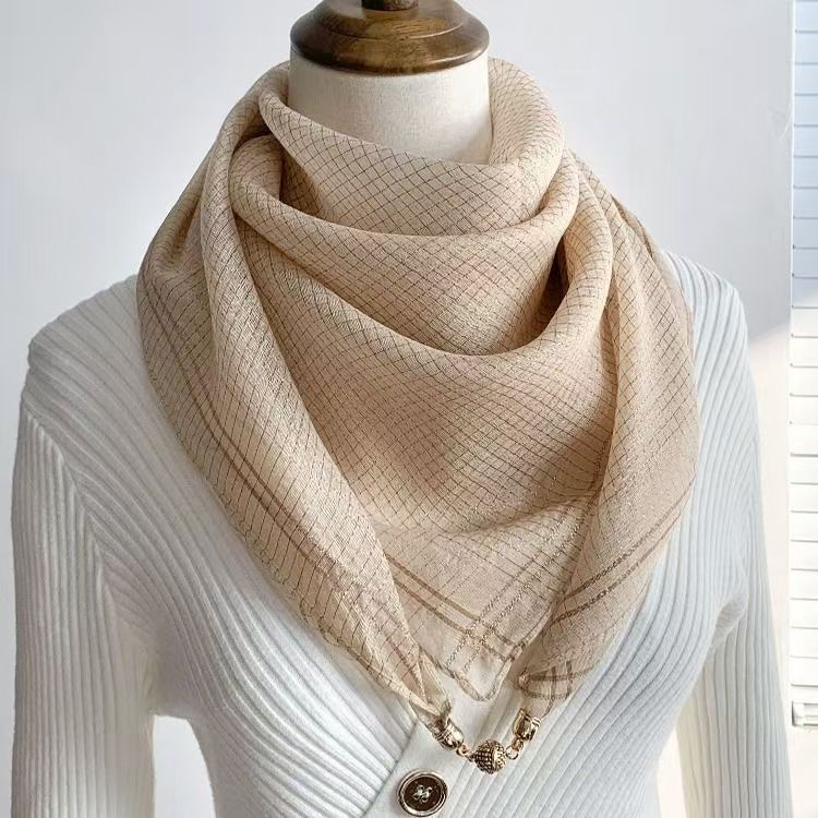 T442 magnetic buckle magnetic silk scarf women's autumn and winter square scarf new advanced square neck protection neck scarf