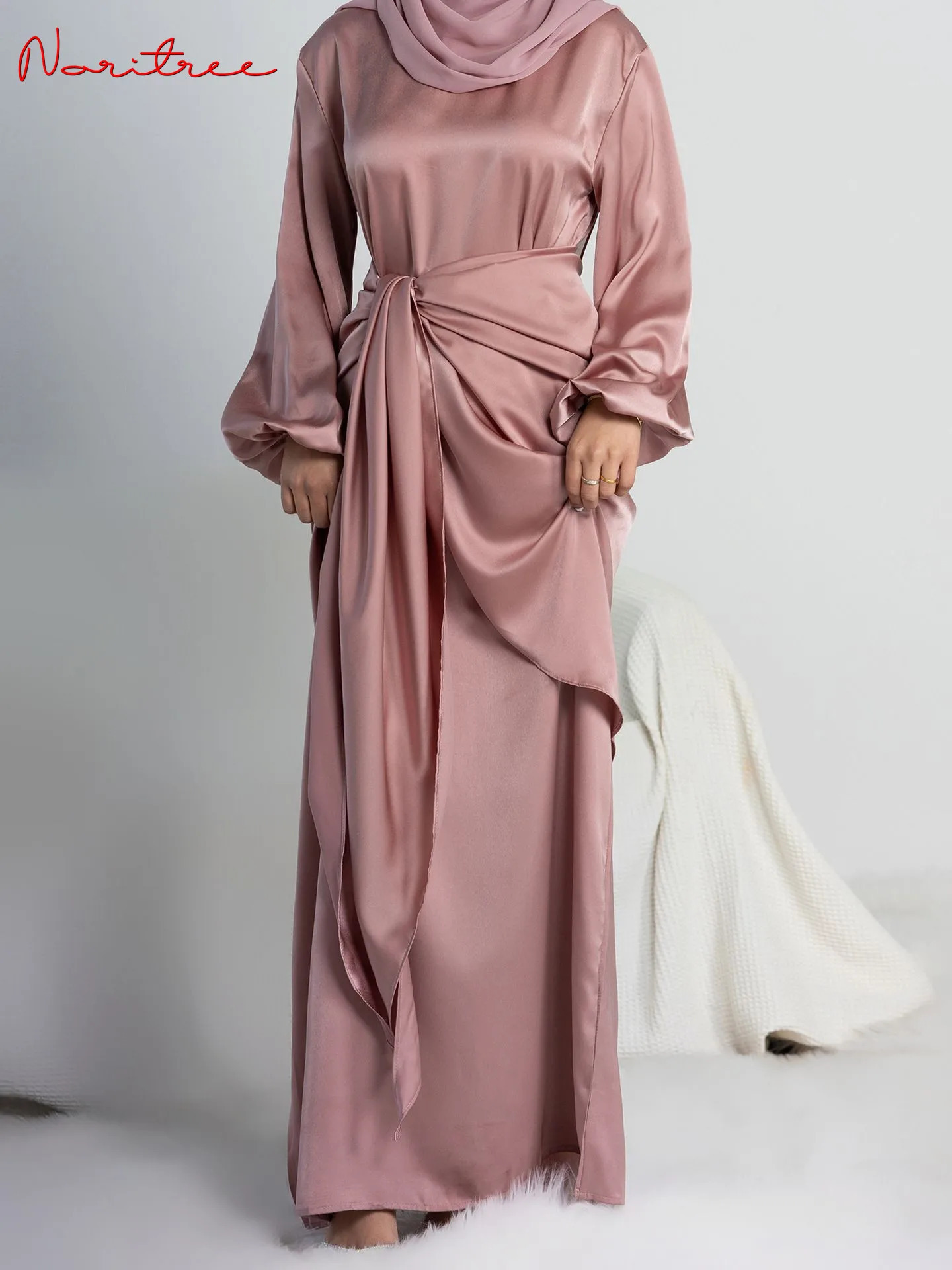 Silk twopiece Ramadan Eid Djellaba set Glossy Islamic Muslim dress Abaya robe Dubai womens clothing WY1294f 250409
