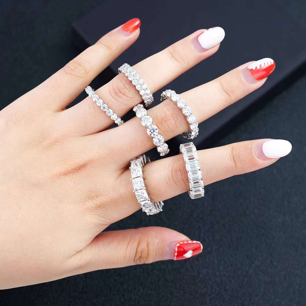 Fine Jewelry S925 Silver Princess Emerald Round Cut Vvs d Color Eternity Moissanite Hip Hop Tennis Ring for Men and Women