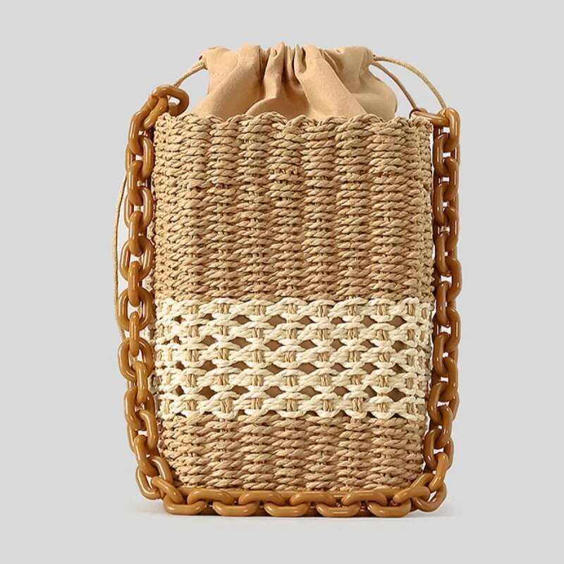 Female Summer Square Straw Design Acrylic Chain Women's Drawstring Shoulder Bohemian Bali Vacation Travel Beach Bag