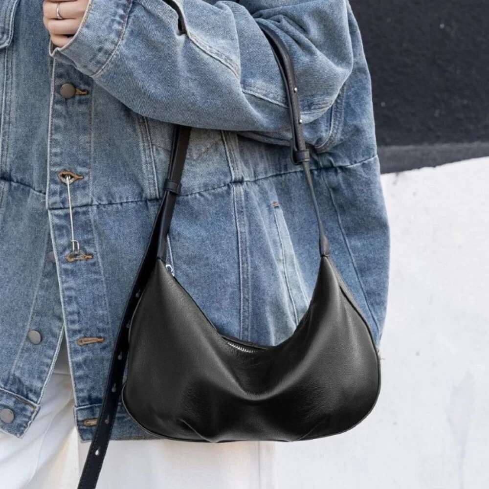Vintage Natural Cowhide Women Shoulder Bag Soft Simple Calf Leather Female Hobo Multiple Compartments Handbag Kakhi