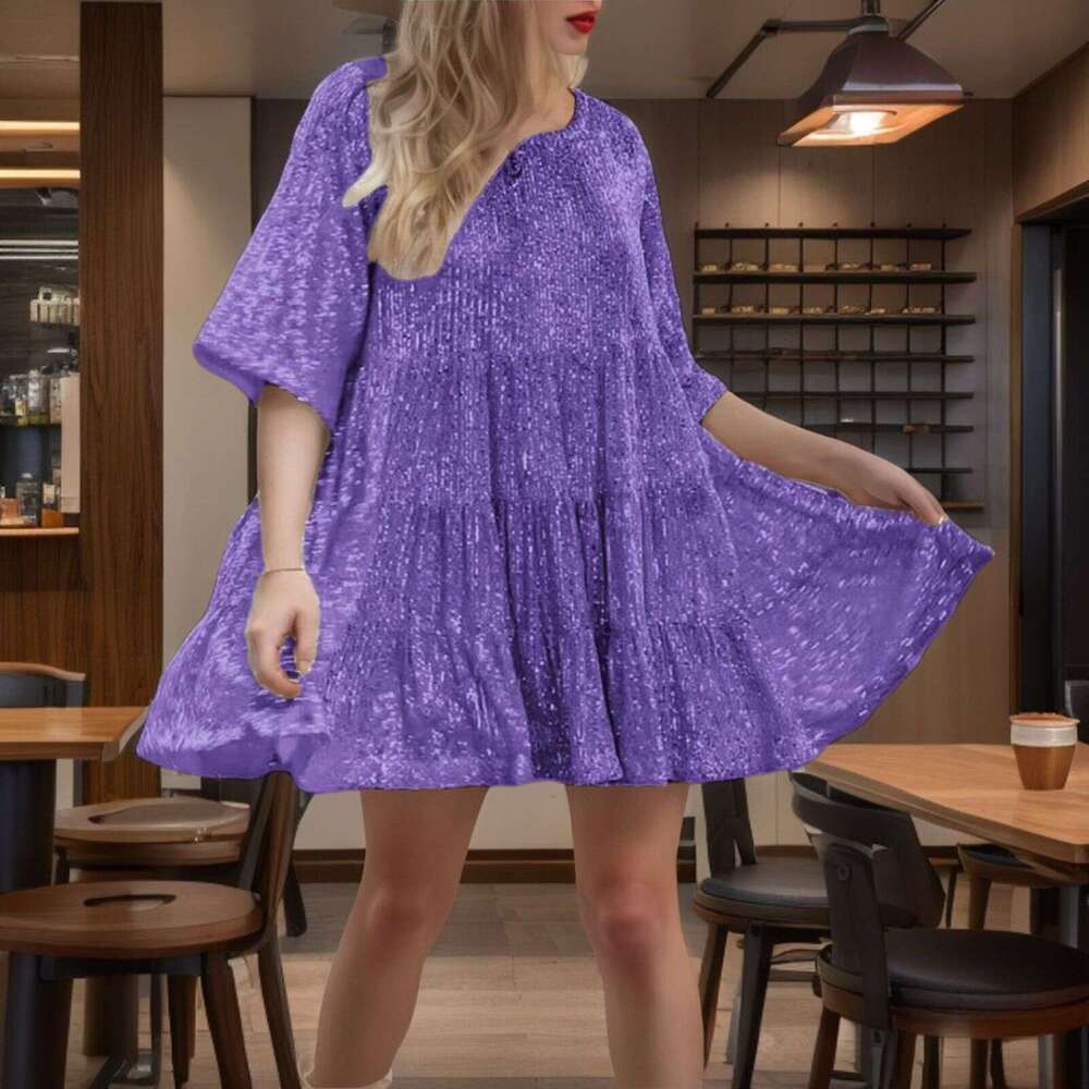 New Fashion Round Neck Loose Waist Sleeve Night club dress Dress Sequin Gown SEXY DRESSES FOR WOMEN