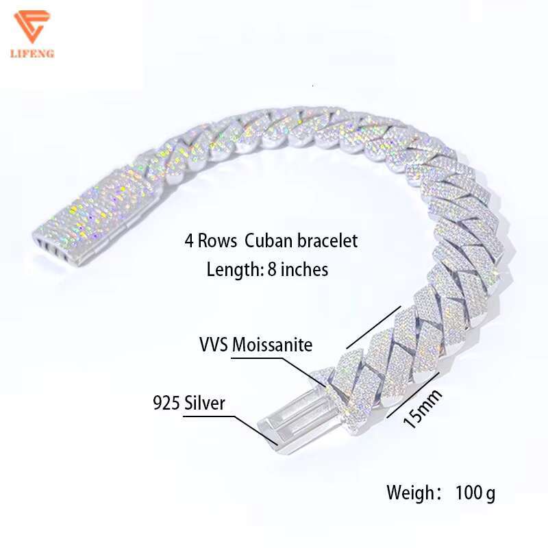 12mm 15mm 18mm Moissanite Cuban Link Bracelet Silver Miami Hip Hop Jewelry 925 Men Women Moissanite Bracelet Cuban Chain Men