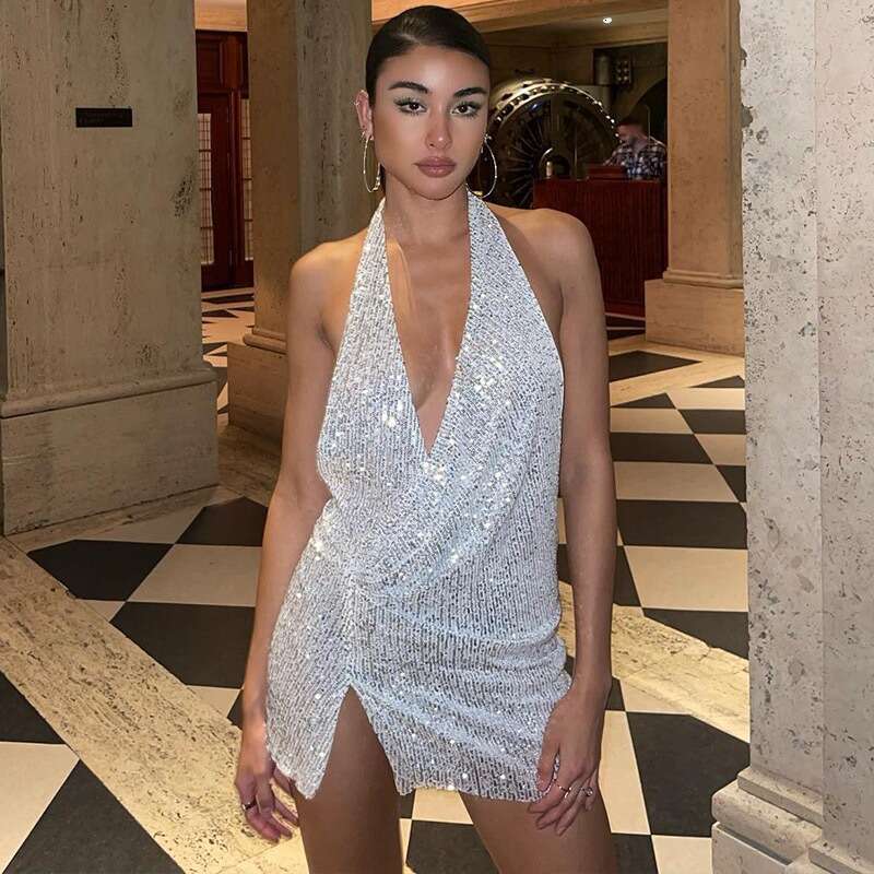 Hot-Selling Nightclub Women's Fashion Sequin SEXY DRESSES FOR WOMEN Backless Deep V Slit Mature Night club dress
