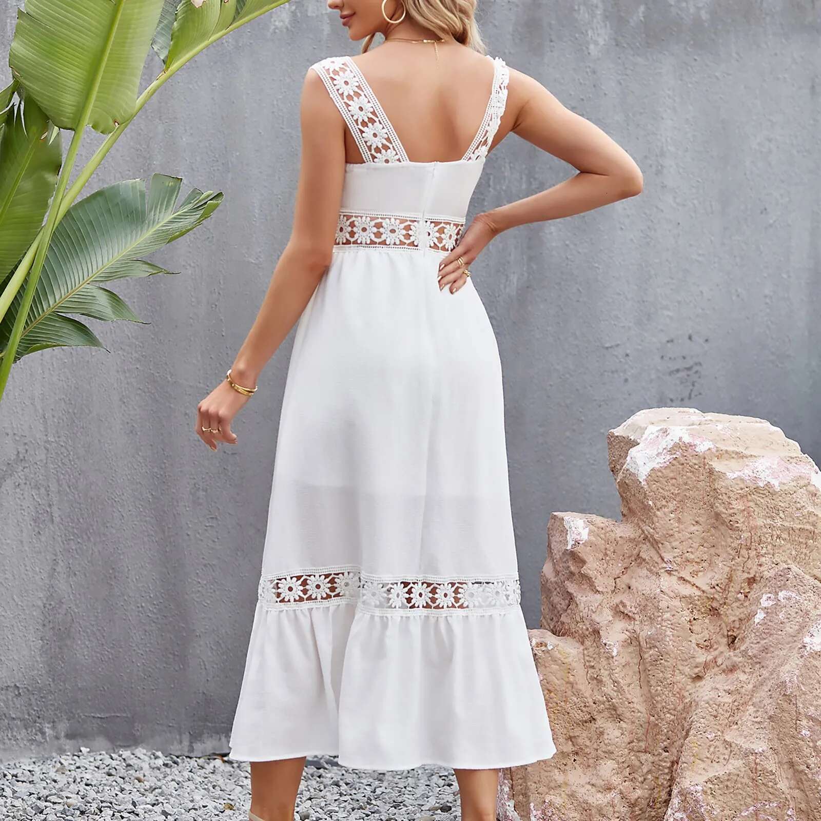 Dongdumaoyi White Long Dress Women Summer Sexy Sleeveless Backless Maxi Dresses Ladies Elegant Hollow Out Lace Boho Sundress