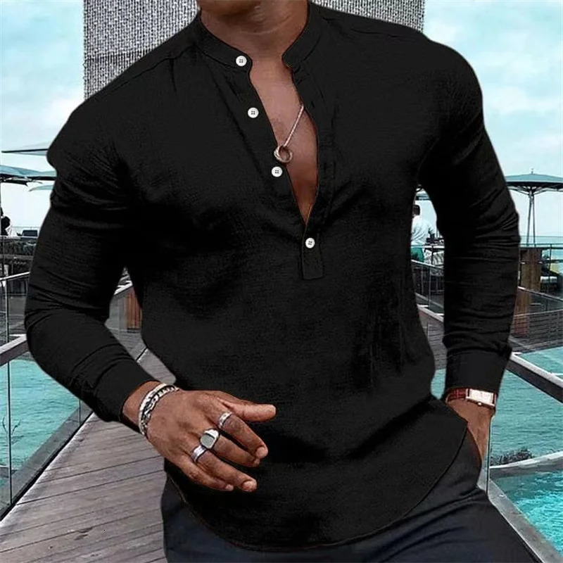 Mens Long Sleeve Solid Color Half Cardigan Henley Collar Top Shirt Casual Summer Pink Long Sleeve Hawaiian Vacation Shirt 250409