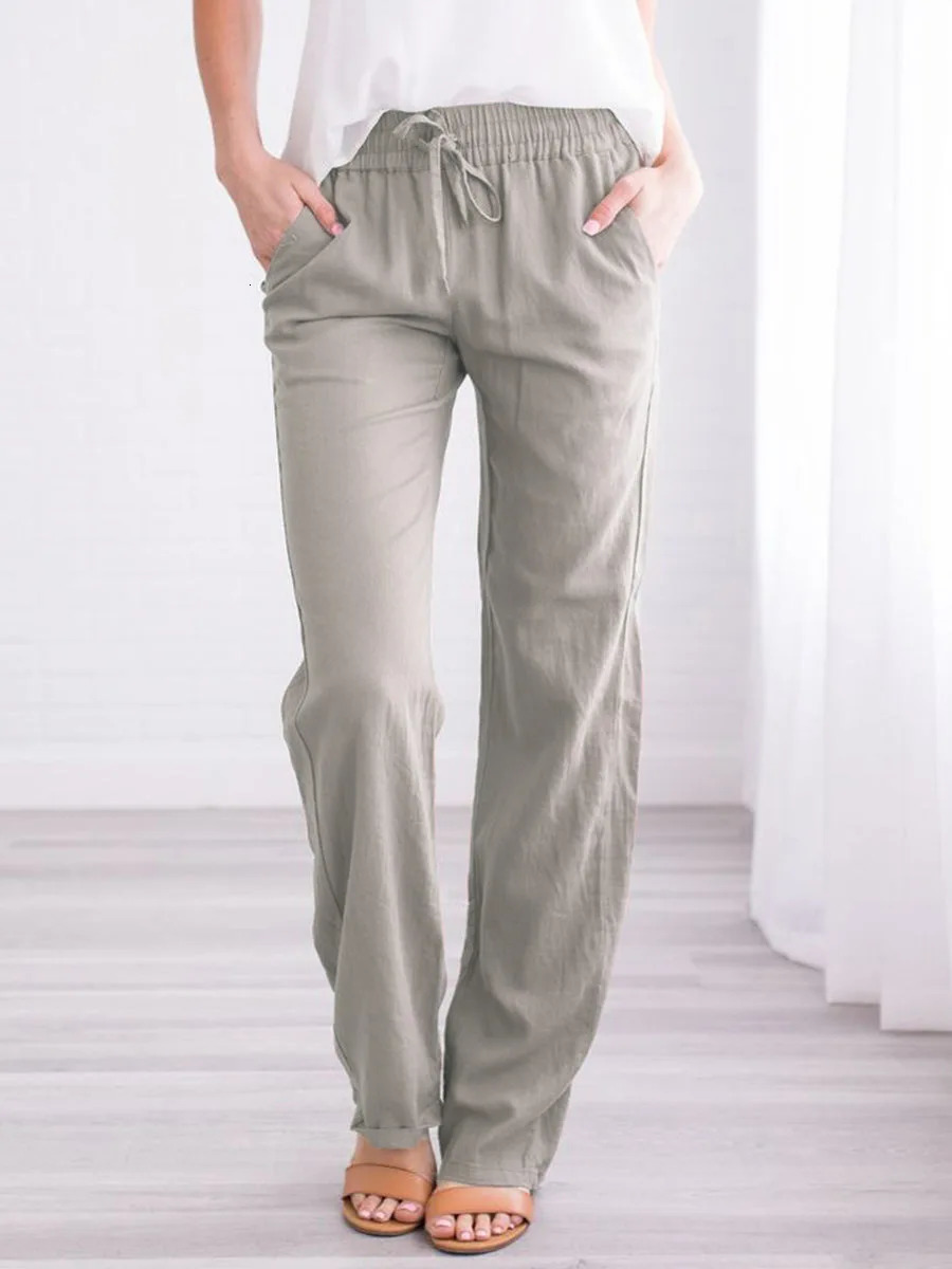 SpringSummer Womens European and American Solid Cotton Hemp Drawstring Loose Relaxed Wide Leg Pants 250409