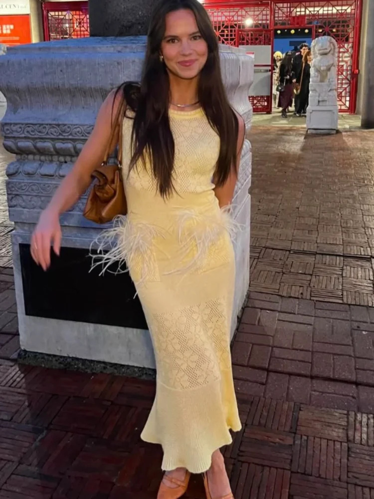 Feather Knitted Long Dress Casual Solid Round Neck Sleeveless Pendant Women Maxi Sexy Hip Bag Holiday Vestidos 250409