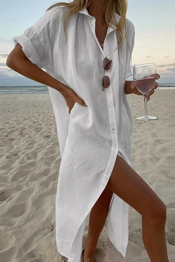Spring Cotton Linen Womens Long Shirt with Collar and White Dress for Fashion Elegant Loose Clothing 250409