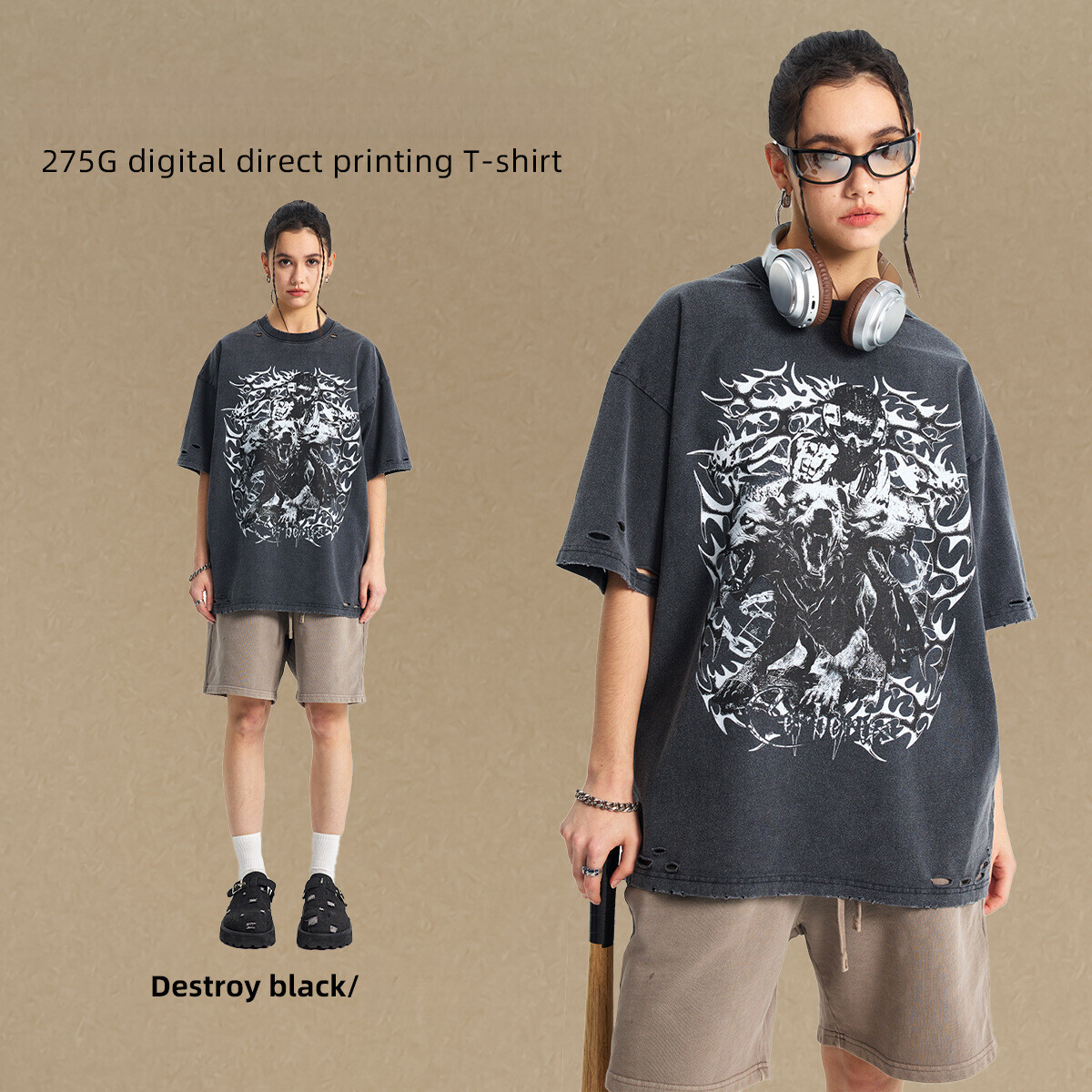 New products spring and summer 2025: distressed, cut, damaged, printed, washed water for American fashion brand plus size men's t-shirt