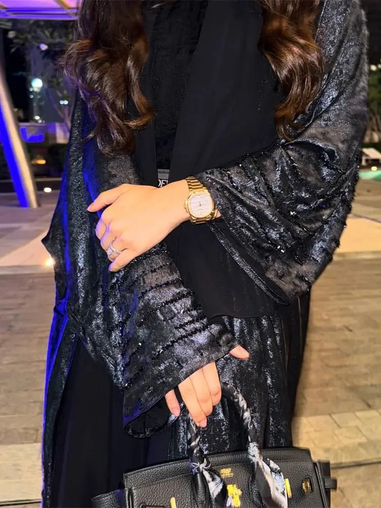 Shiny satin open kimono Abaya Dubai y Muslim Abayas Womens Kaftan Dress Islamic Clothing Musulmane Caftan 250409