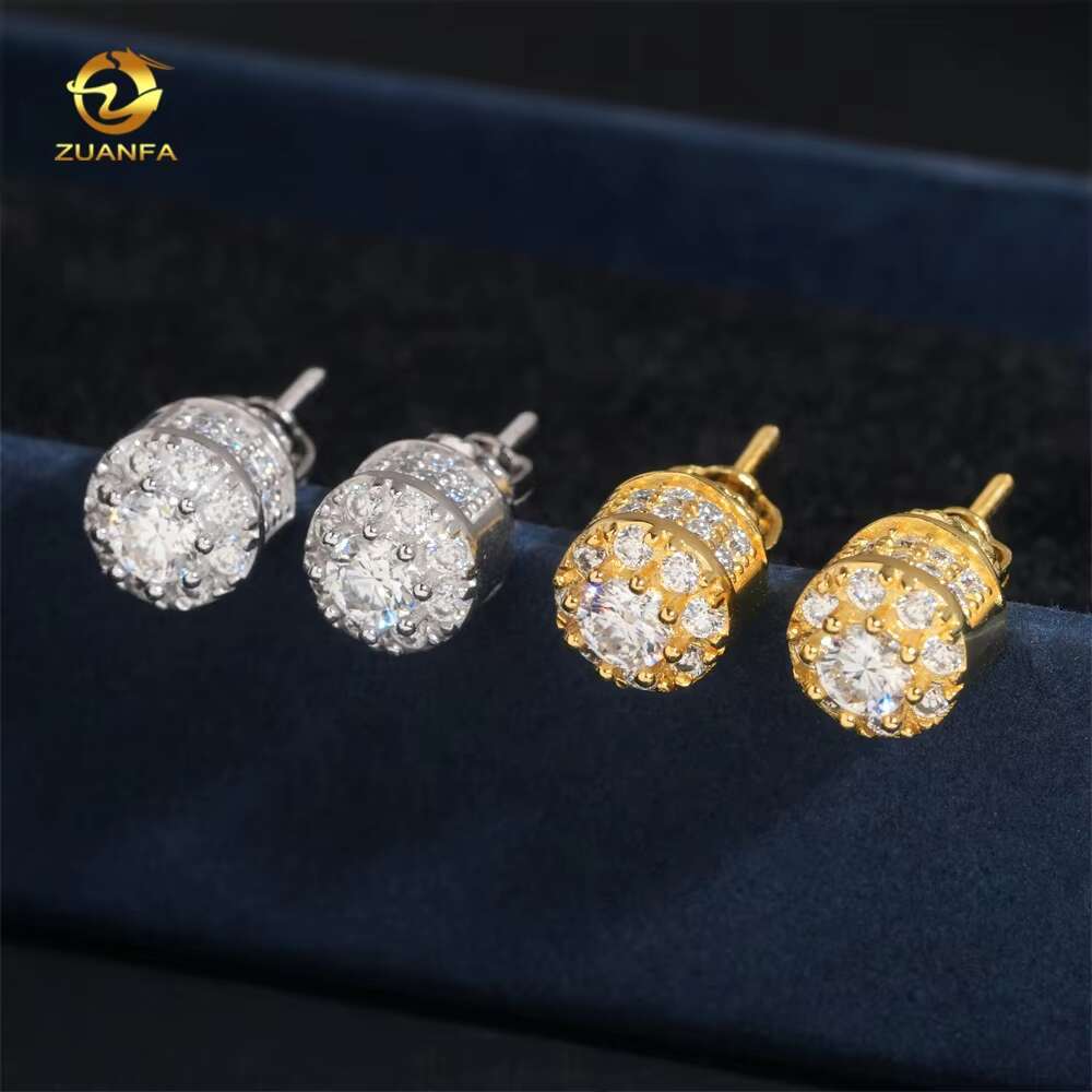 Moissanite Jewelry Halo Design Hip Hop Iced Out Diamond Rhodium Plated 925 Sterling Silver Earrings