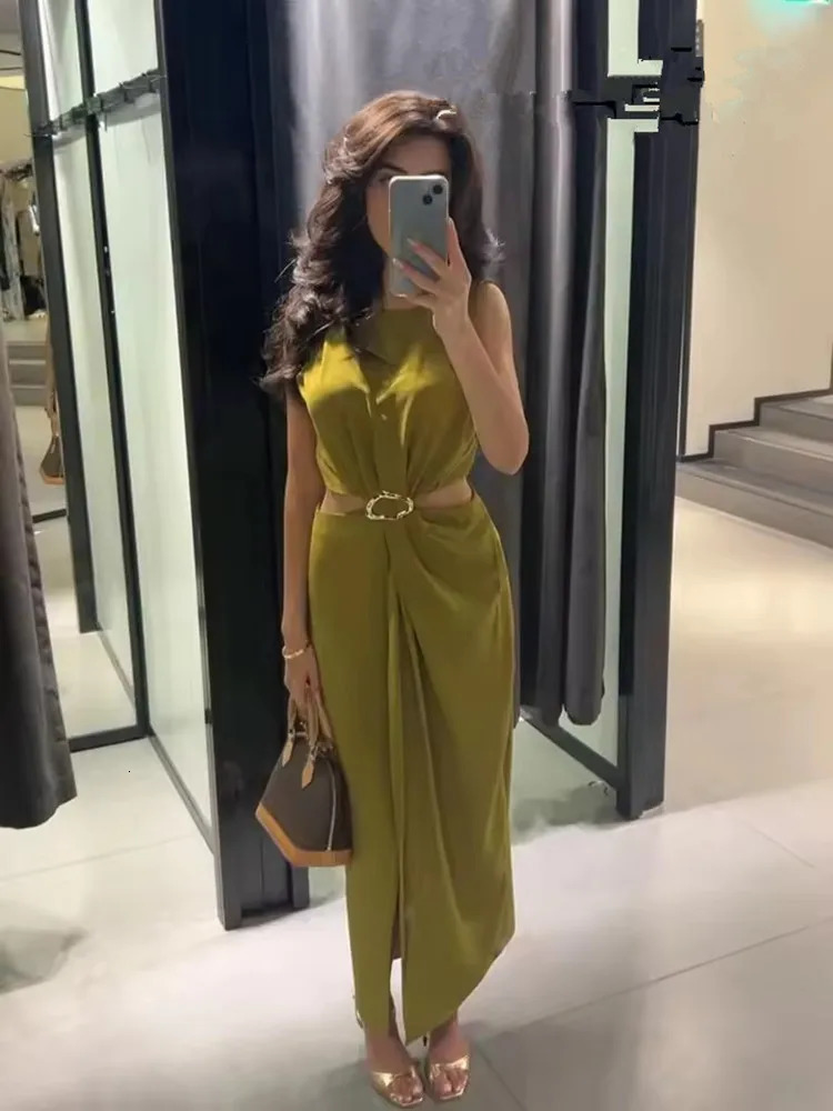 Womens Summer Solid Oneck Sleeveless Midi Dress Fashion Back Zipper Crop Hollow Folding n Party 250409