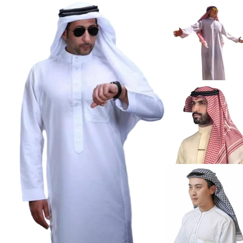Ramadan Muslim Dress Abayas Dubai Casual Kaftan Robe Islamic Clothing Arabian Head Scarf Kafiya Set Mens Gift 250409
