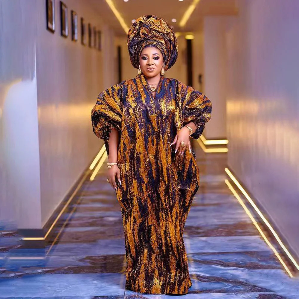 African American mother expensive custom gold jacquard fabric loose dress 250409